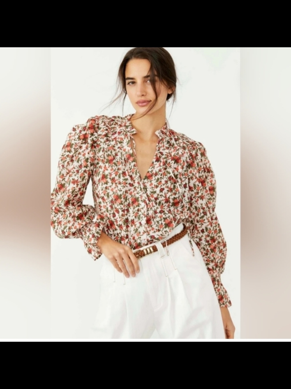 Free People Cream Blouse with Rust Floral Print